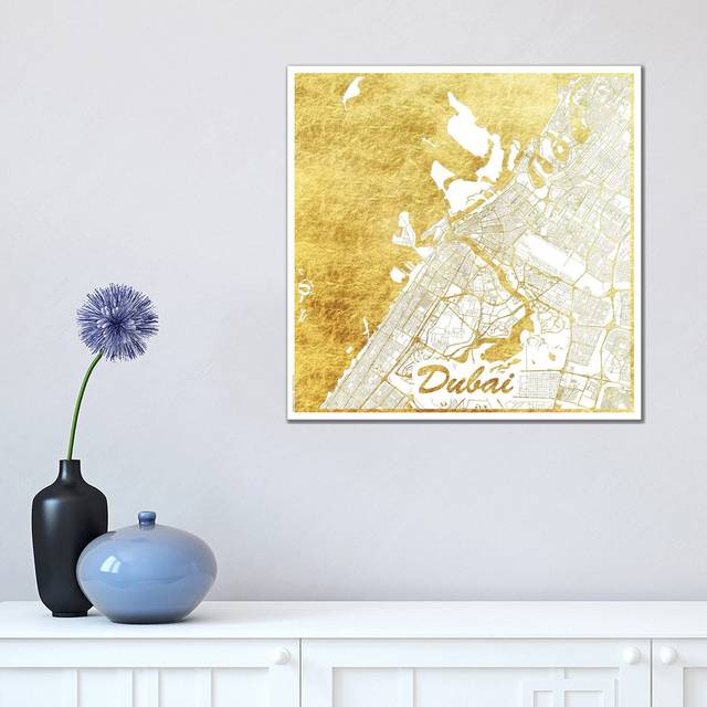 Dubai Gold Leaf Urban Blueprint Map by Hubert Roguski - Wrapped Canvas Art Prints (45.72 cm H x 45.72 cm W x 1.91 cm D)