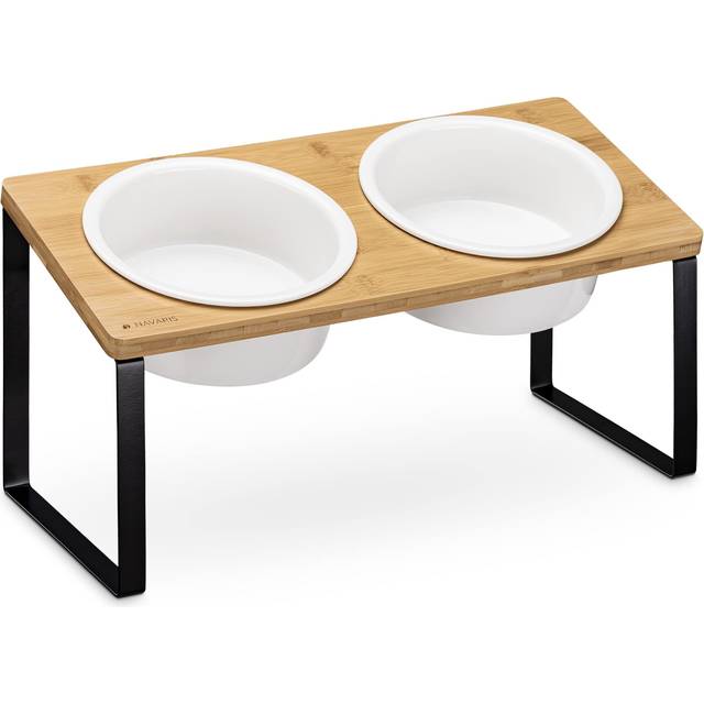 Navaris Double Dog Bowls and Stand - Set of 2 Pet Bowls for Food and Water in Raised Feeder Holder - Cats or Dogs Twin Dishes Elevated Feeding Station