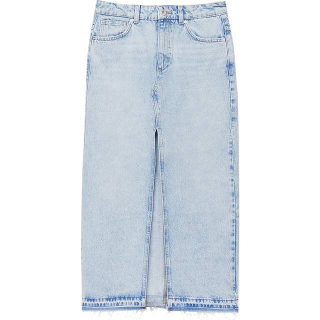 Pull&Bear Midi-denimnederdel bleget vask med slids foran-Blå