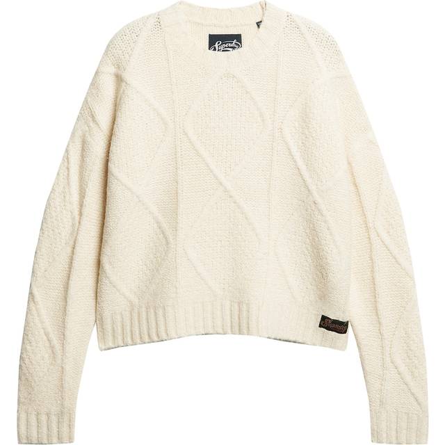Superdry Damen Grobstrickpullover mit Zopfmuster Creme - Größe: 36