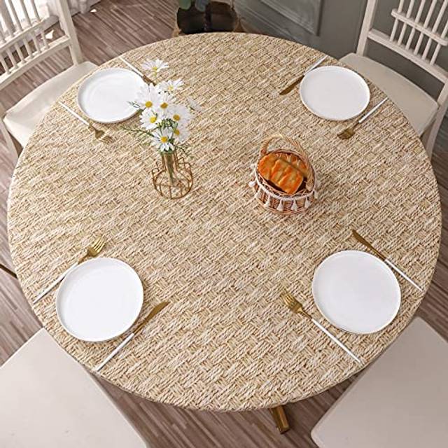Round Vinyl Fitted Tablecloth with Flannel Backing Elastic Edge Design Table cover Waterproof Oil-Proof PVc Table cloth Stain-Resistant Wipeable for R