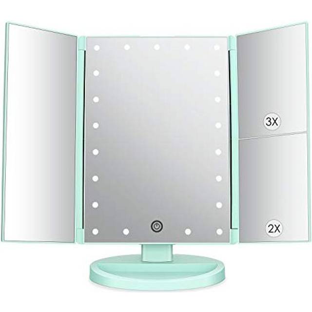 deweisn Tri-Fold Lighted Vanity Mirror with 21 LED Lights, Touch Screen and 3X/2X/1X Magnification Mirror, Two power Supply Mode Tabletop Makeup mir