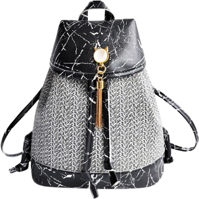 Women Cover Type Backpacks Vintage Drawstring Stone Pattern Tassel Bag Weave Small Backpack Lock Anti-theft Backpack