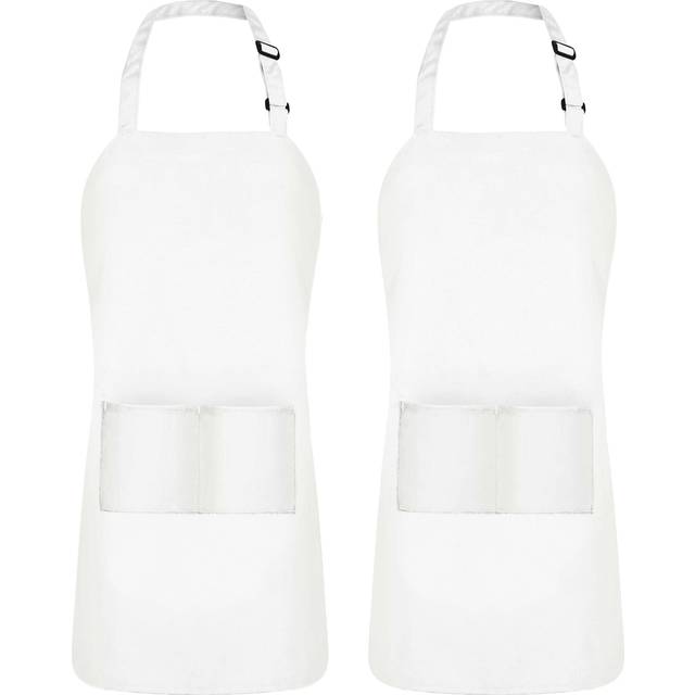 2 Pack Adjustable Bib Apron with 2 Pockets Waterdrop Resistant Cooking Kitchen Apron for Men Women with Long Ties White
