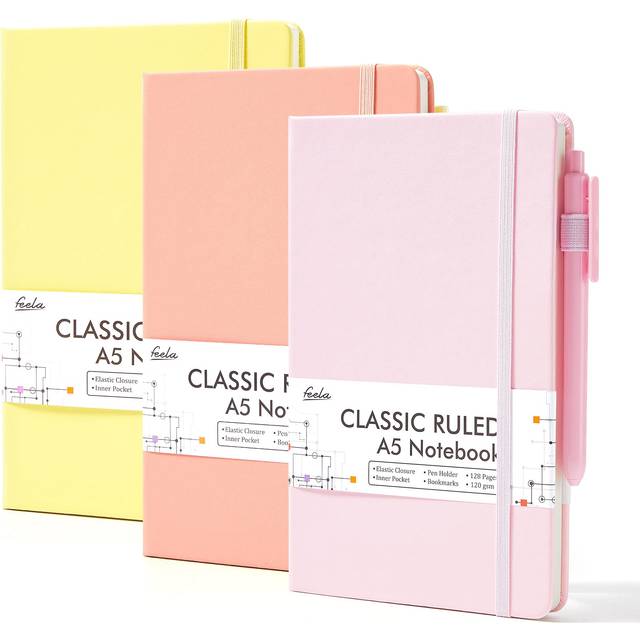 feela Hardcover Notebook For Work  classic Ruled Lined Journal Set School Business Supplies  with 3 Black Pens  120 gSM  51Ax83A  3 Pack  A5  Pastel c