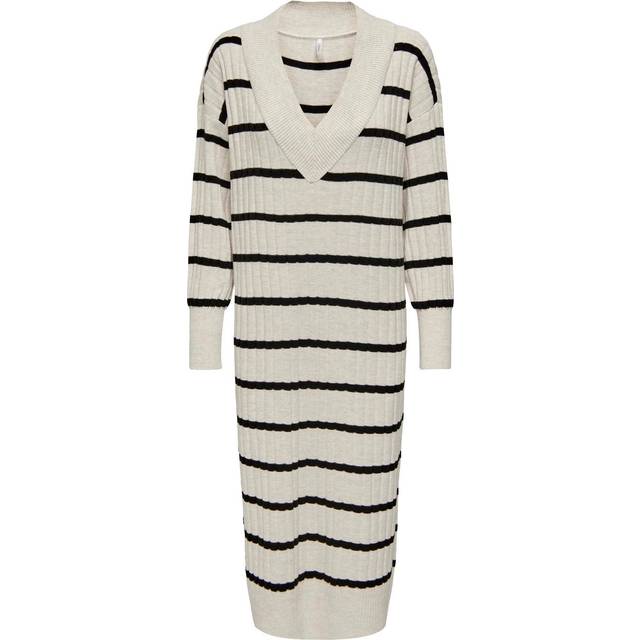 Bestseller A/S Onlnew Tessa L/S MIDI V Dress KNT NOOS klänning, Pumice Stone/ränder: svart, XS, Pumice Stone/Stripes:black, XS