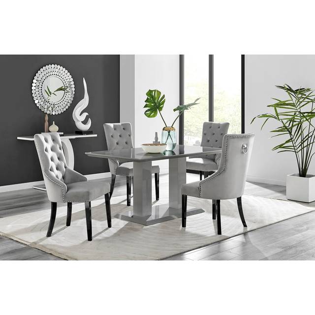 Edzard Double Pedestal High Gloss Dining Table Set with 6 Luxury Velvet Dining Chairs - Grey (6)