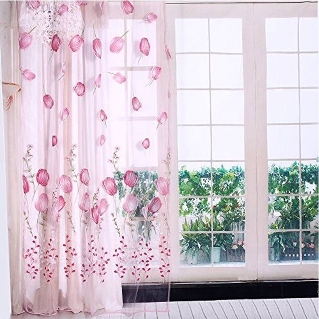 100x200 cm Colorful Tulips Printing Window Curtains Sheer Drape Tulle Draperies for Balcony Living Room Bedroom Kitchen Decorations(Pink)