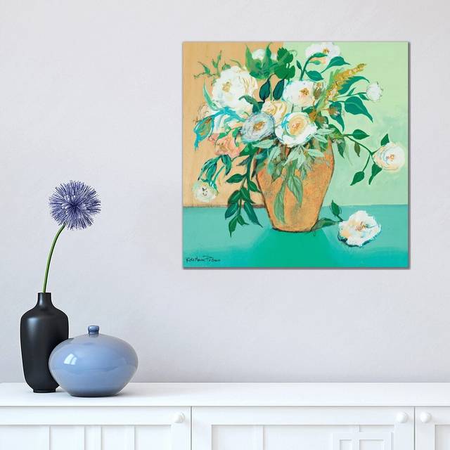 Vase of White Roses by Robin Maria - Painting on Canvas - Wrapped Canvas (45.72 cm H x 45.72 cm W x 3.175 cm D)