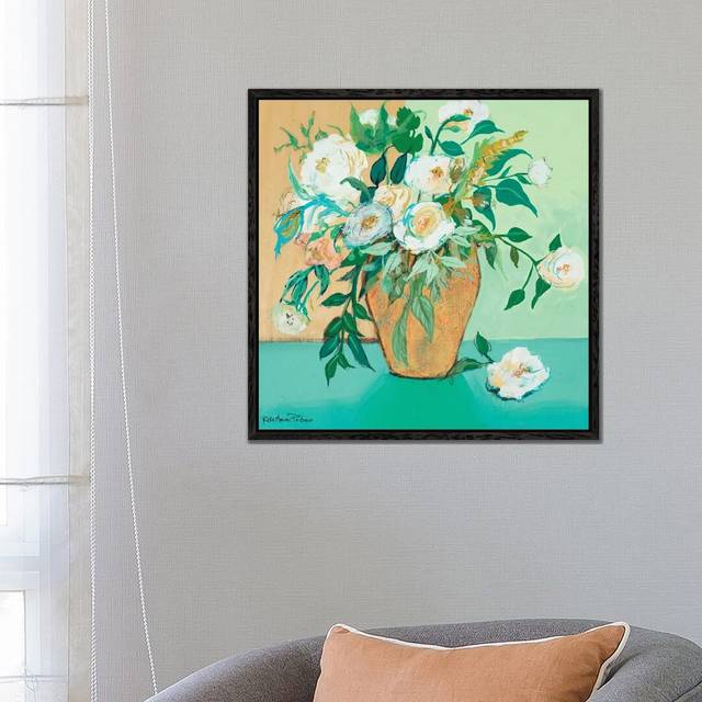 Vase of White Roses by Robin Maria - Painting on Canvas - Black Floater Frame (66.04 cm H x 66.04 cm W)