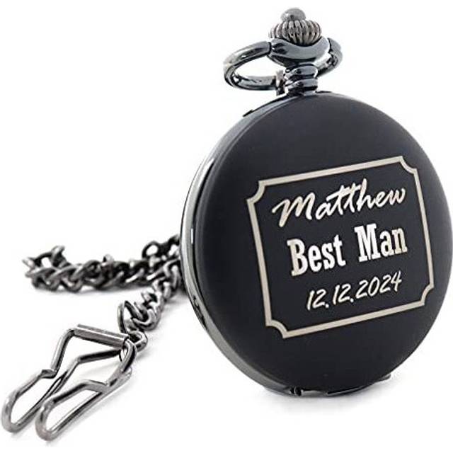 Personalised Engraved Matte Black Pocket Watch in Gift Box - Best Man Wedding Design (Front Engraving)
