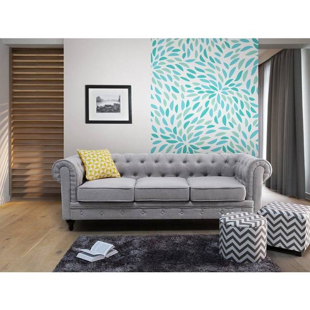 Modern Fabric Sofa 3 Seater Button Tufted Scroll Arms Light Grey Chesterfield