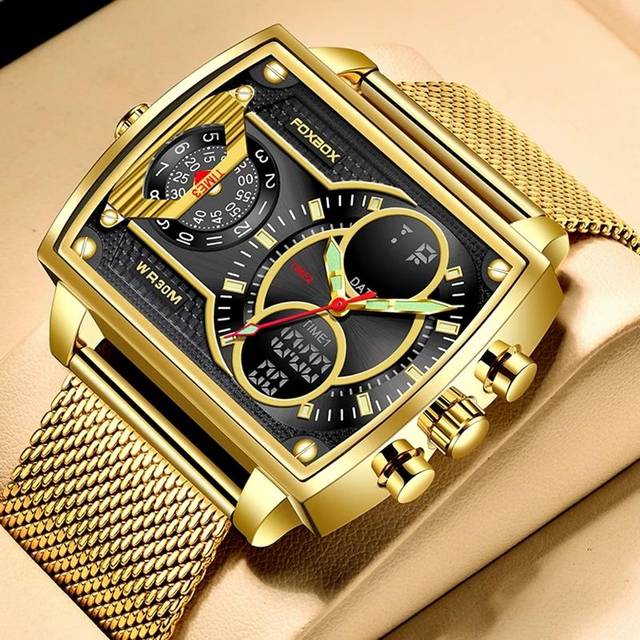 Top Brand Luxury Men Watch Fashion Square Watch Men Casual Sports Waterproof Double Display Watch gold