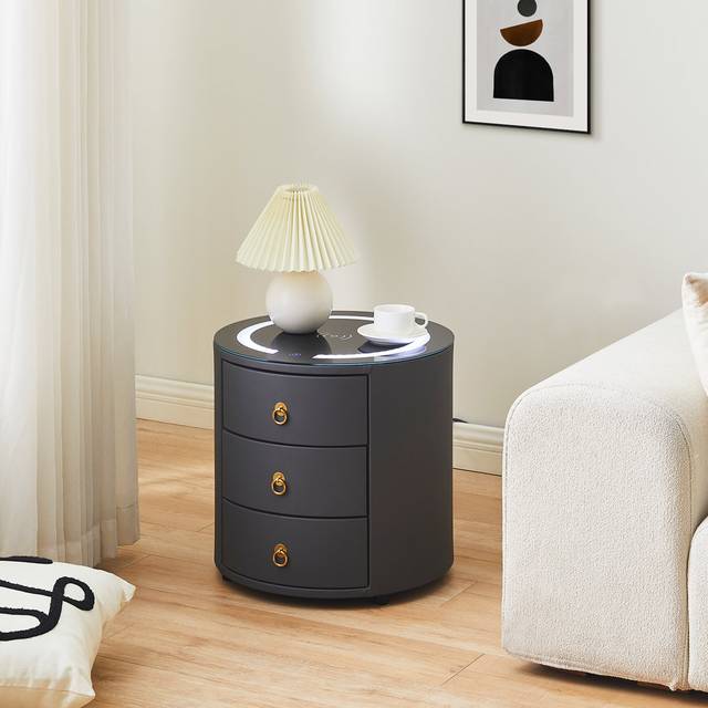 Bedside Table, Round Nightstand, 3 Drawers Cabinet, Smart Bedside Table With Wireless Charging - Black (45.8cm H X 46cm W X 46cm D)