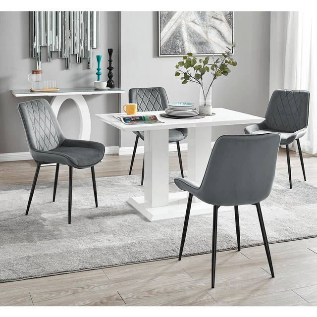 Edzard Double Pedestal High Gloss Dining Table Set with 4 Luxury Velvet Dining Chairs - Black (4)