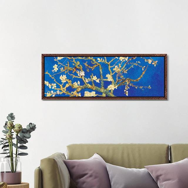 'Almond Blossom on Royal Blue' by Vincent Van Gogh - Floater Frame Panoramic Painting Print on Canvas - Brown Framed Canvas (121.92 cm H x 40.64 cm W)