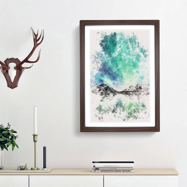 Northern Lights over Skagsanden Beach - Picture Frame Painting Print - Walnut Framed (33cm H x 24cm W x 2cm D)