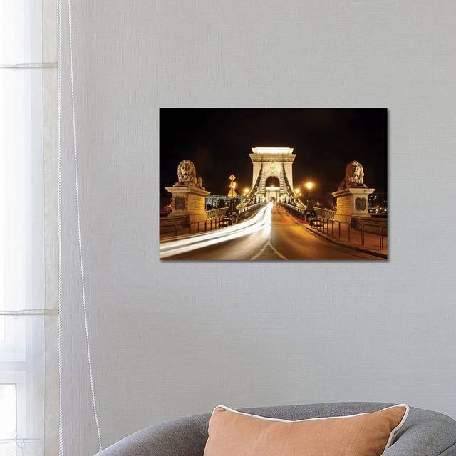 Lion Sculptures of the Chain Bridge at Night, Budapest, Hungary by George Oze - Wrapped Canvas Painting (45.72cm H x 66.04cm W x 1.905cm D)