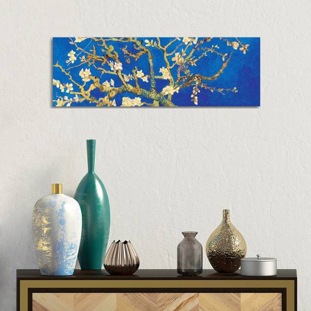 'Almond Blossom on Royal Blue' by Vincent Van Gogh - Floater Frame Panoramic Painting Print on Canvas - Wrapped Canvas (30.48 cm H x 91.44 cm W x 1.91 cm D)