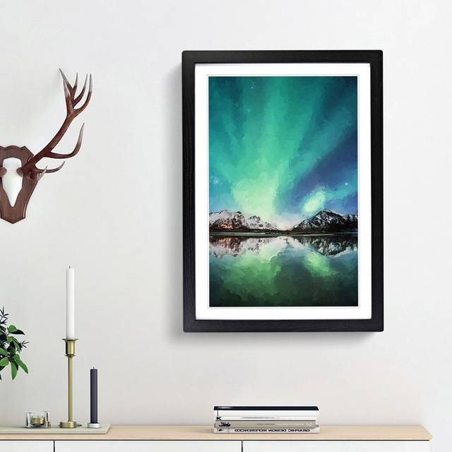 Northern Lights over Skagsanden Beach in Abstract - Picture Frame Graphic Art Print - Black Framed (48cm H x 36cm W x 2cm D)