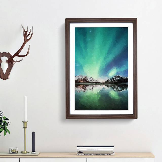 Northern Lights over Skagsanden Beach in Abstract - Picture Frame Graphic Art Print - Walnut Framed (36cm H x 27cm W x 2cm D)