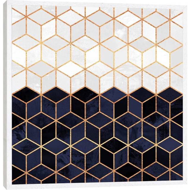 &#39;White and Navy Cubes&#39; - Floater Frame Graphic Art Print on Canvas - White Framed (45.72cm H x 45.72cm W x 3.81cm D)