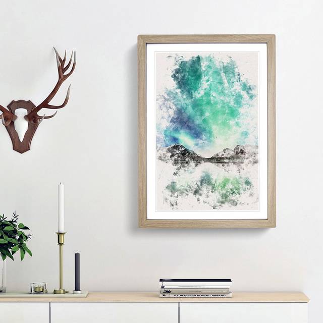 Northern Lights over Skagsanden Beach - Picture Frame Painting Print - Oak Framed (33cm H x 24cm W x 2cm D)