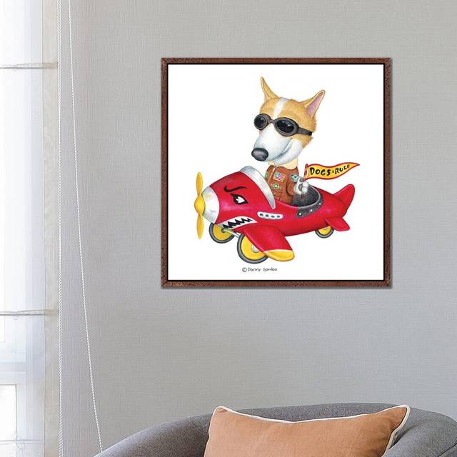 Corgi In Red Plane by Danny Gordon - Graphic Art on Canvas - Brown Floater Frame (66.04cm H x 66.04cm W x 3.81cm D)