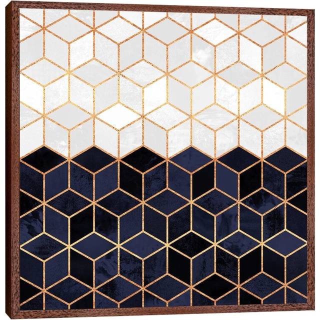&#39;White and Navy Cubes&#39; - Floater Frame Graphic Art Print on Canvas - Brown Framed (66.04cm H x 66.04cm W x 3.81cm D)