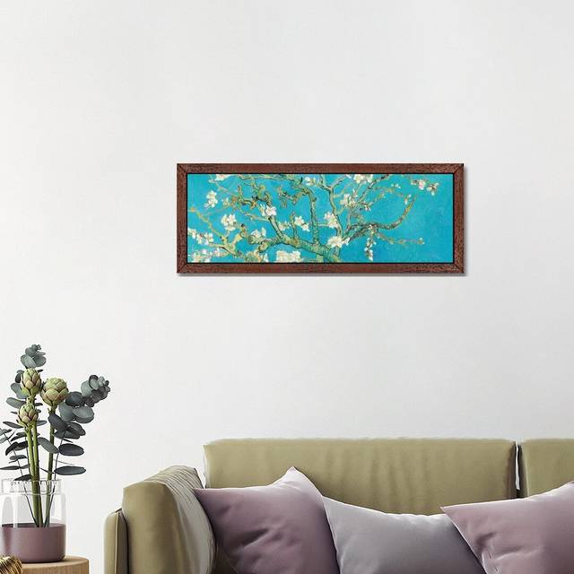 Almond Blossom by Vincent Van Gogh - Panoramic Painting on Canvas - Brown Framed (30.48 cm H x 91.44 cm W)