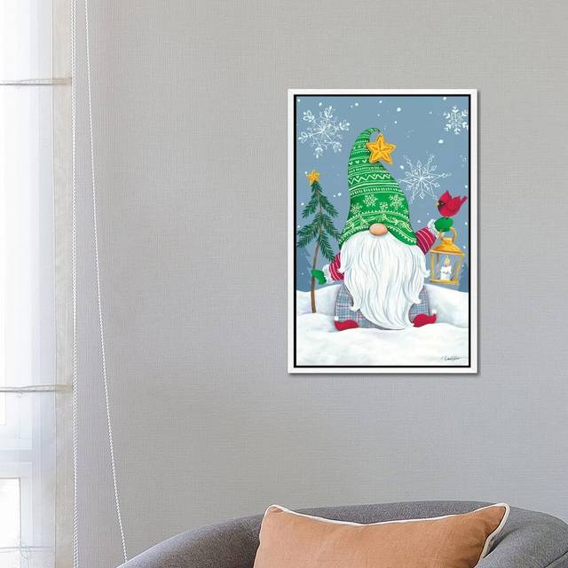 Snowy Gnome with Lantern by Diane Kater - Graphic Art Print on Canvas - White Framed (66.04cm H x 45.72cm W x 3.81cm D)