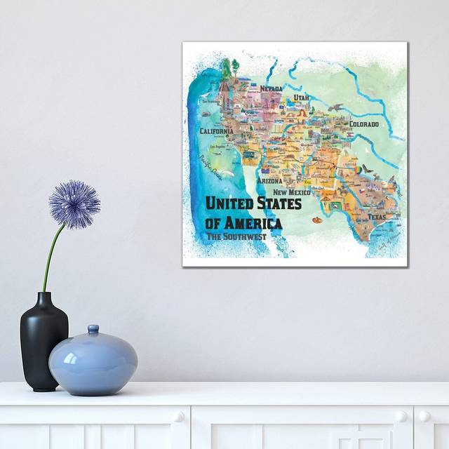 USA, Southwest States Travel Poster Map by Markus & Martina Bleichner - Wrapped Canvas Art Prints (45.72cm H x 45.72cm W)