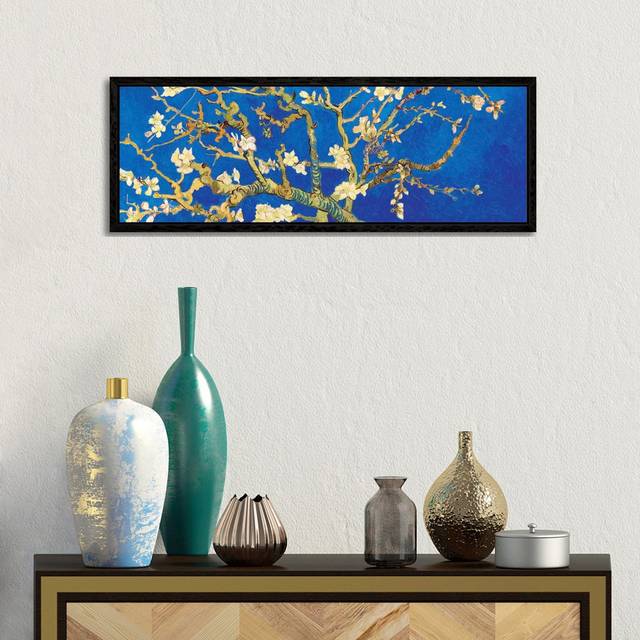 'Almond Blossom on Royal Blue' by Vincent Van Gogh - Floater Frame Panoramic Painting Print on Canvas - Black Framed Canvas (30.48 cm H x 91.44 cm W)