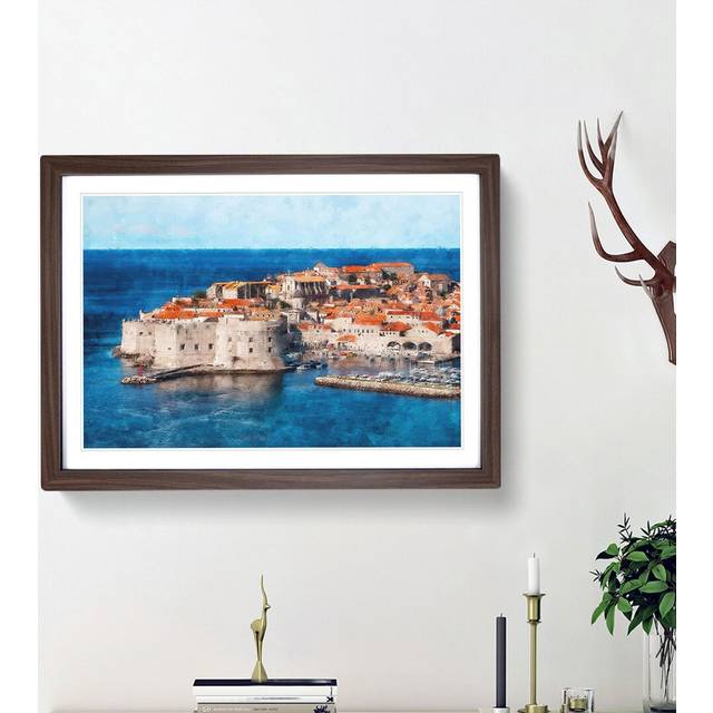 Ancient City Walls of Dubrovnik in Croatia - Picture Frame Painting Print - Walnut Framed (24cm H x 33cm W x 2cm D)