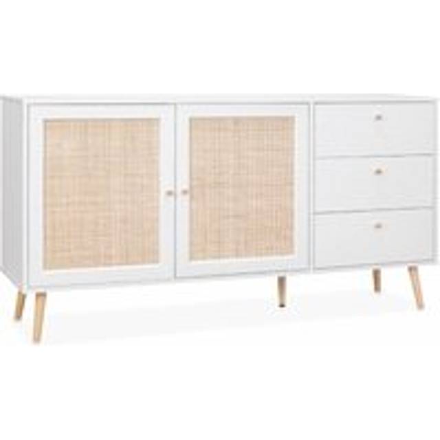 150cm scandi-style wooden and cane effect sideboard, Boheme, Blanc cassé, 150x39x79 cm