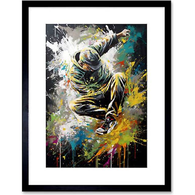 Wall Art Print Break Dancer B-Boy Dancing Splatter Paint Portrait Artwork Framed 9X7 Inch - Black - W7 inch x H9 inch