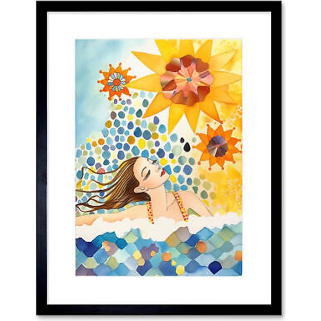 Wall Art Print Abstract Sea Swimming Folk Art Bathroom Artwork Framed 9X7 Inch - Black - W7 inch x H9 inch