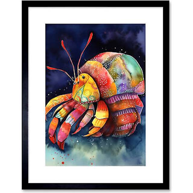 Wall Art Print Hermit Crab Vibrant Folk Art Watercolour Painting Artwork Framed 9X7 Inch - Black - W7 inch x H9 inch