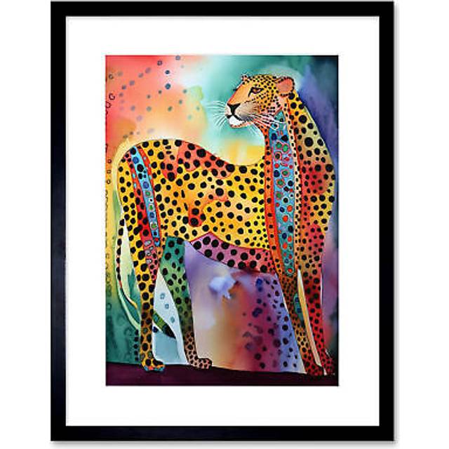 Wall Art Print Colourful Cheetah Folk Art Watercolour Painting Artwork Framed 9X7 Inch - Black - W7 inch x H9 inch