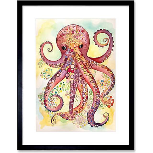 Wall Art Print Octopus Portrait Bright Folk Art Watercolour Painting Artwork Framed 9X7 Inch - Black - W7 inch x H9 inch