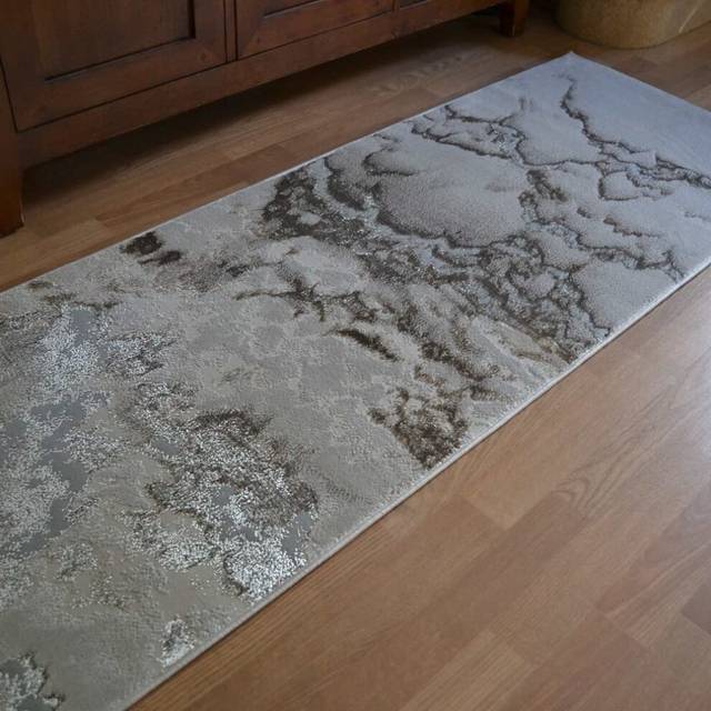 Marbled Rug for Living Room Bedroom Aurora AU02 Cloud Quality Modern Abstract Shiny Grey Hall Runner Rug in 66x240 cm (2'3'x7'10')