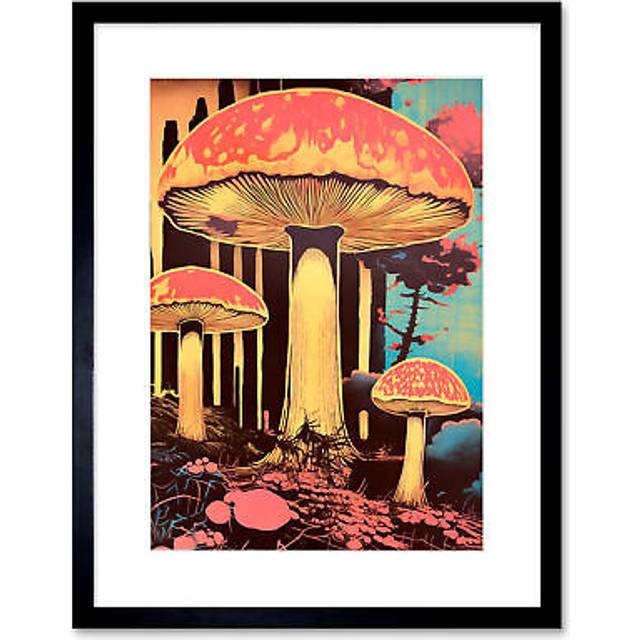 Wall Art Print Red Mushroom Fungi Pink Blue Bright Psychedelic Nature Kitchen Artwork Framed 9X7 Inch - Black - W7 inch x H9 inch