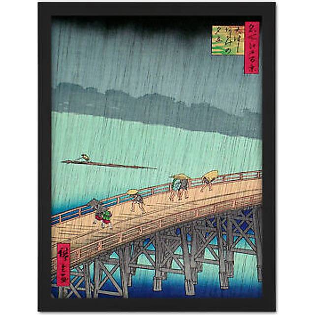 Wall Art Print Utagawa Hiroshige Shower Shin Ohashi Bridge Large Framed Wall Décor Art - Black - W18 inch x H24 inch