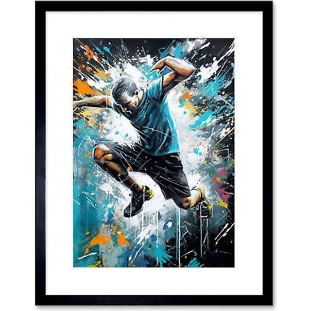 Wall Art Print Man Doing Parkour Jump Pose Paint Splat Portrait Artwork Framed 9X7 Inch - Black - W7 inch x H9 inch