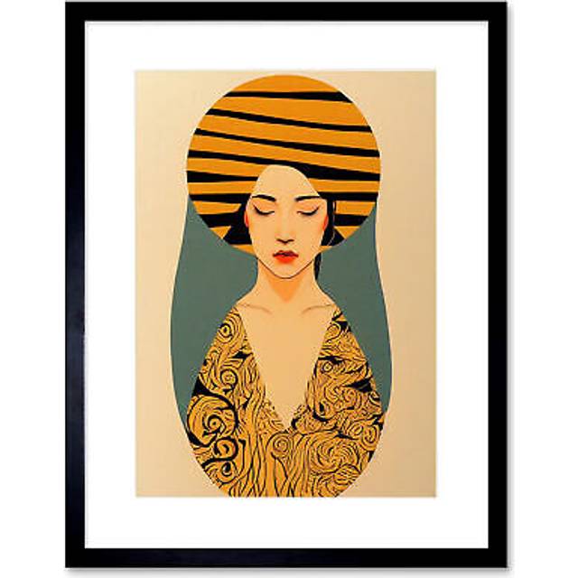 Wall Art Print Retro Woman Mid Century Bohemian Yellow Art Nouveau Artwork Framed 9X7 Inch - Black - W7 inch x H9 inch