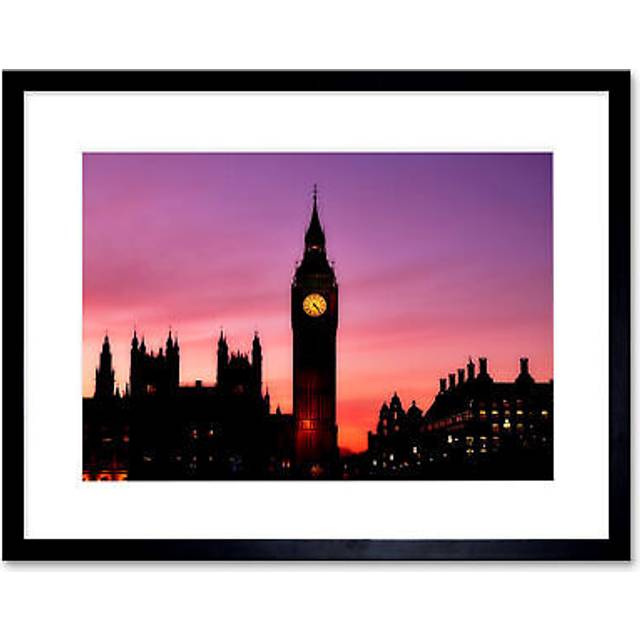 Wall Art Print Big Ben Clock London Framed - Black - W7 inch x H9 inch