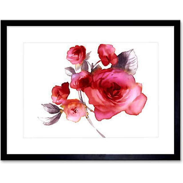 Wall Art Print Flower Roses Watercolour Art Framed 9x7 inch - Black - W7 inch x H9 inch