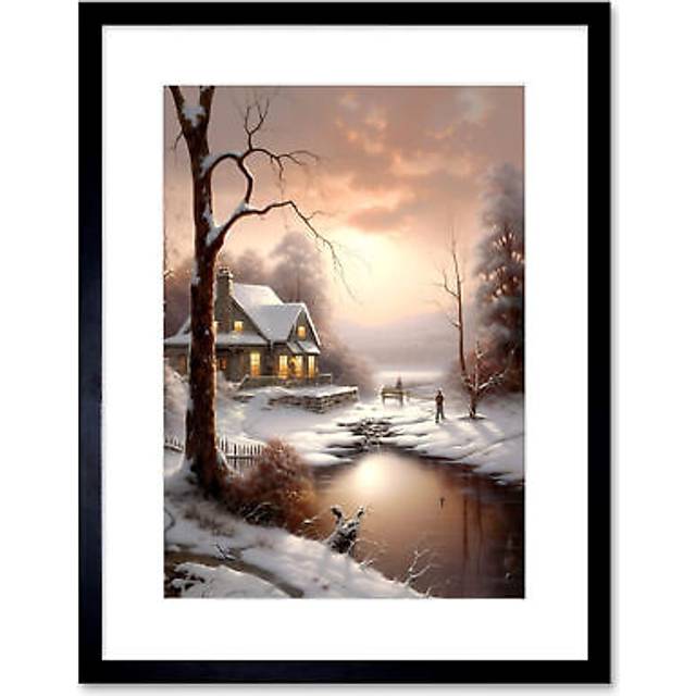 Wall Art Print Winter Cottage Landscape Oil Painting Snow Lake Sunset Snowy Trees Artwork Framed 9X7 Inch - Black - W7 inch x H9 inch