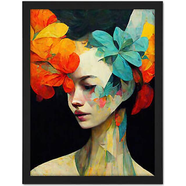 Wall Art Print Orange Teal Yellow Floral Feminine Portrait Abstract Style Painting Large Framed Wall Décor Art - Black - W18 inch x H24 inch