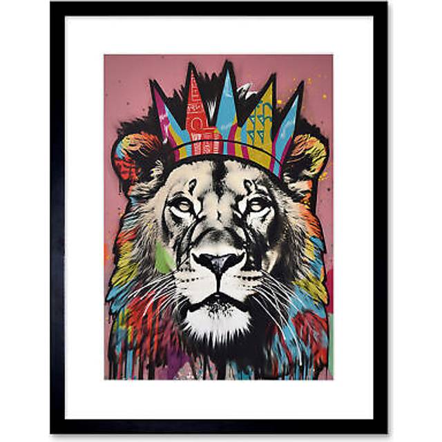 Wall Art Print Lion with Crown King of the Jungle Modern Pop Artwork Framed 9X7 Inch - Black - W7 inch x H9 inch
